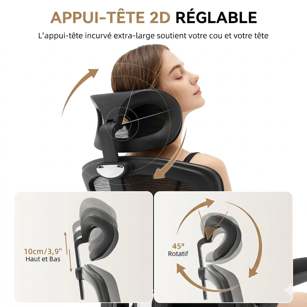 Chaise de Bureau Ergonomique – Support Lombaire & Appui-tête Réglables