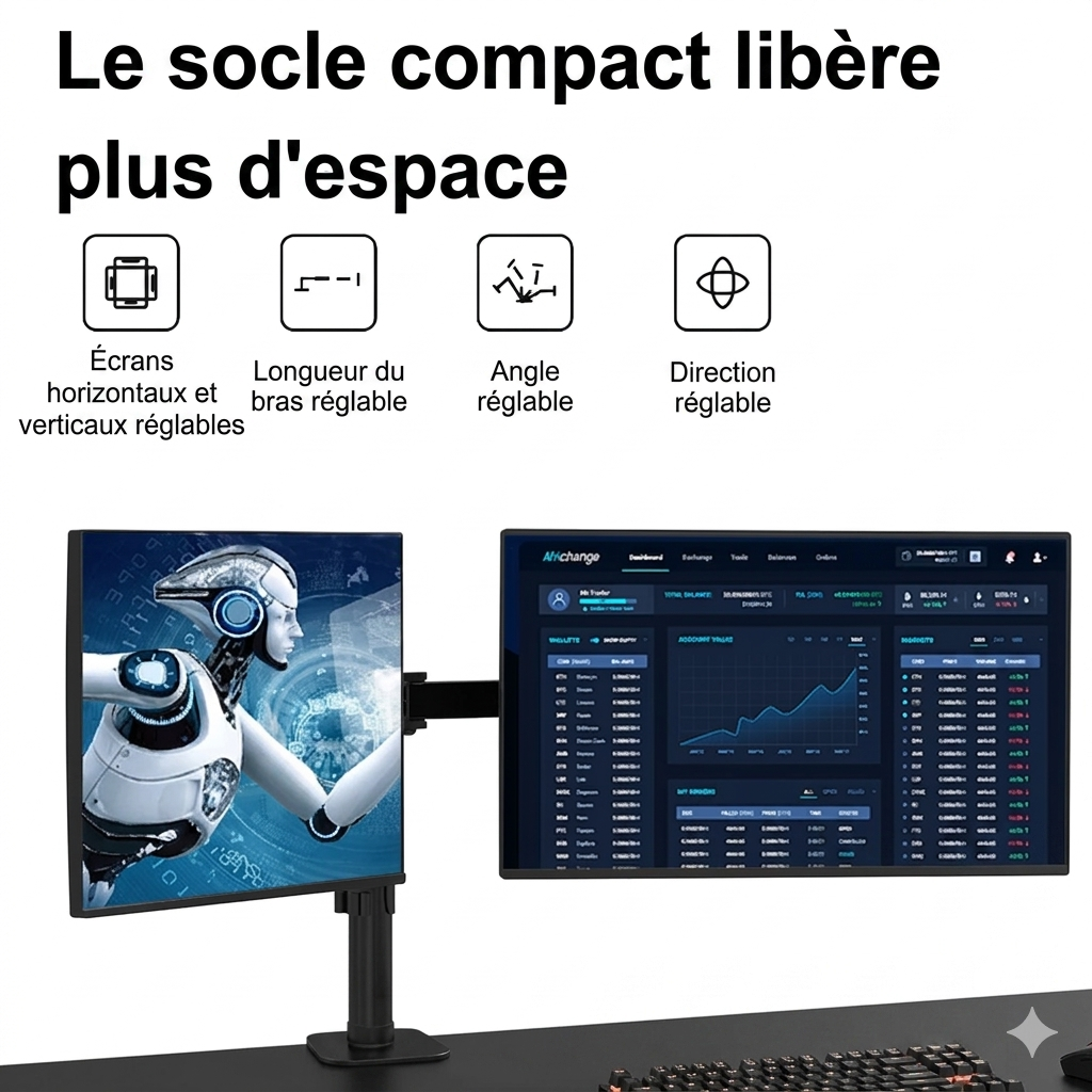 Support double écran mobile à fixation par pince, support d'ordinateur à rotation libre, support multi-usages pour écrans doubles.