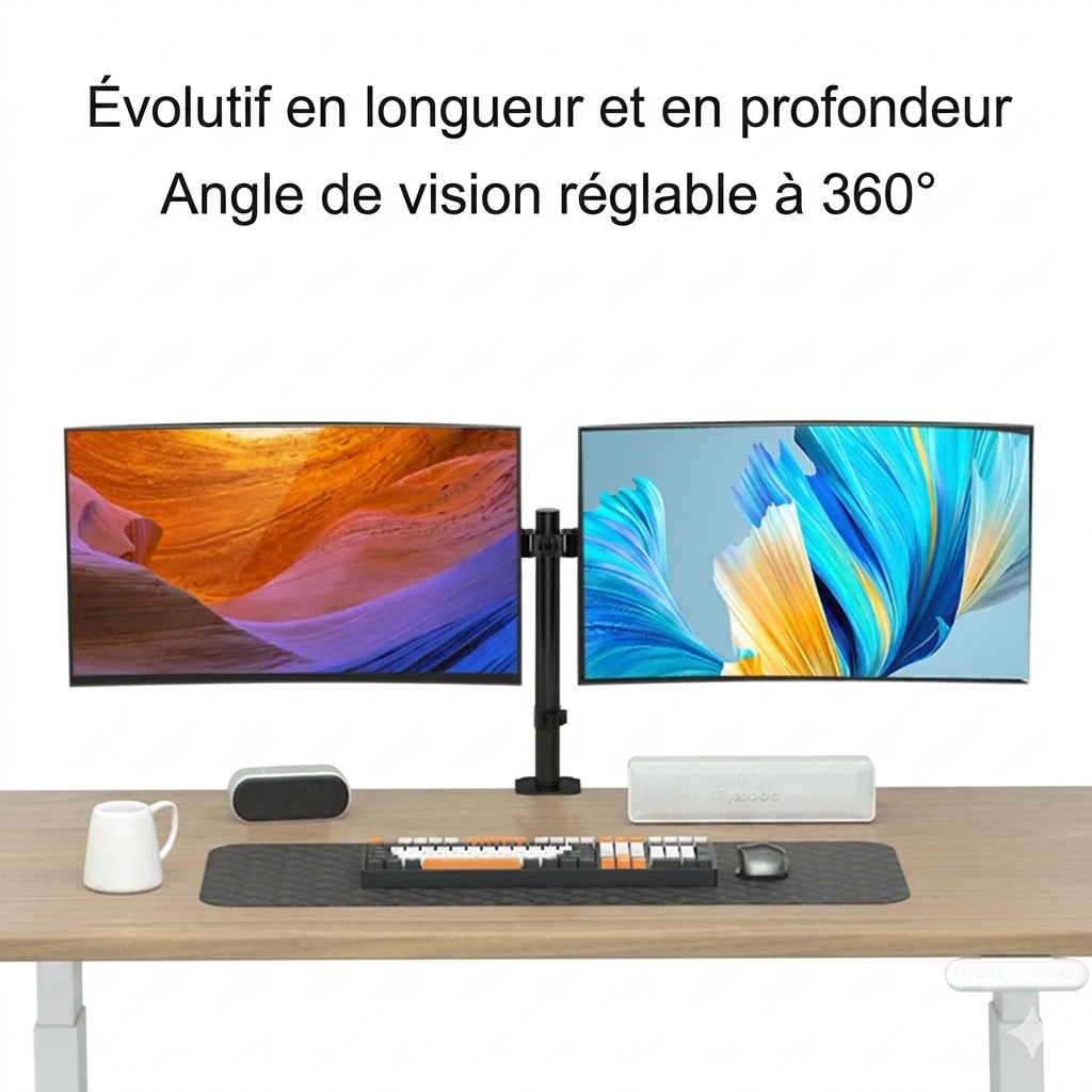 Support double écran mobile à fixation par pince, support d'ordinateur à rotation libre, support multi-usages pour écrans doubles.