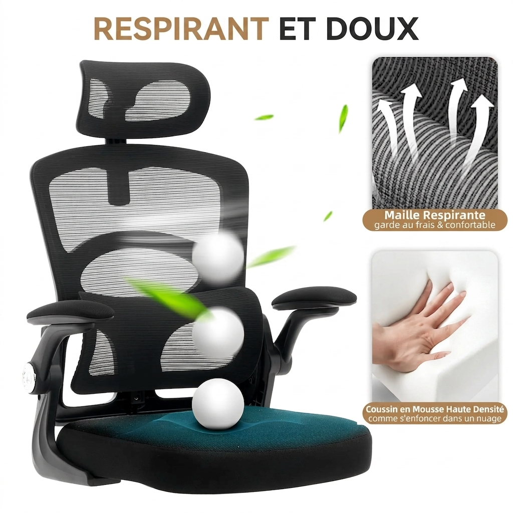 Chaise de Bureau Ergonomique – Support Lombaire & Appui-tête Réglables