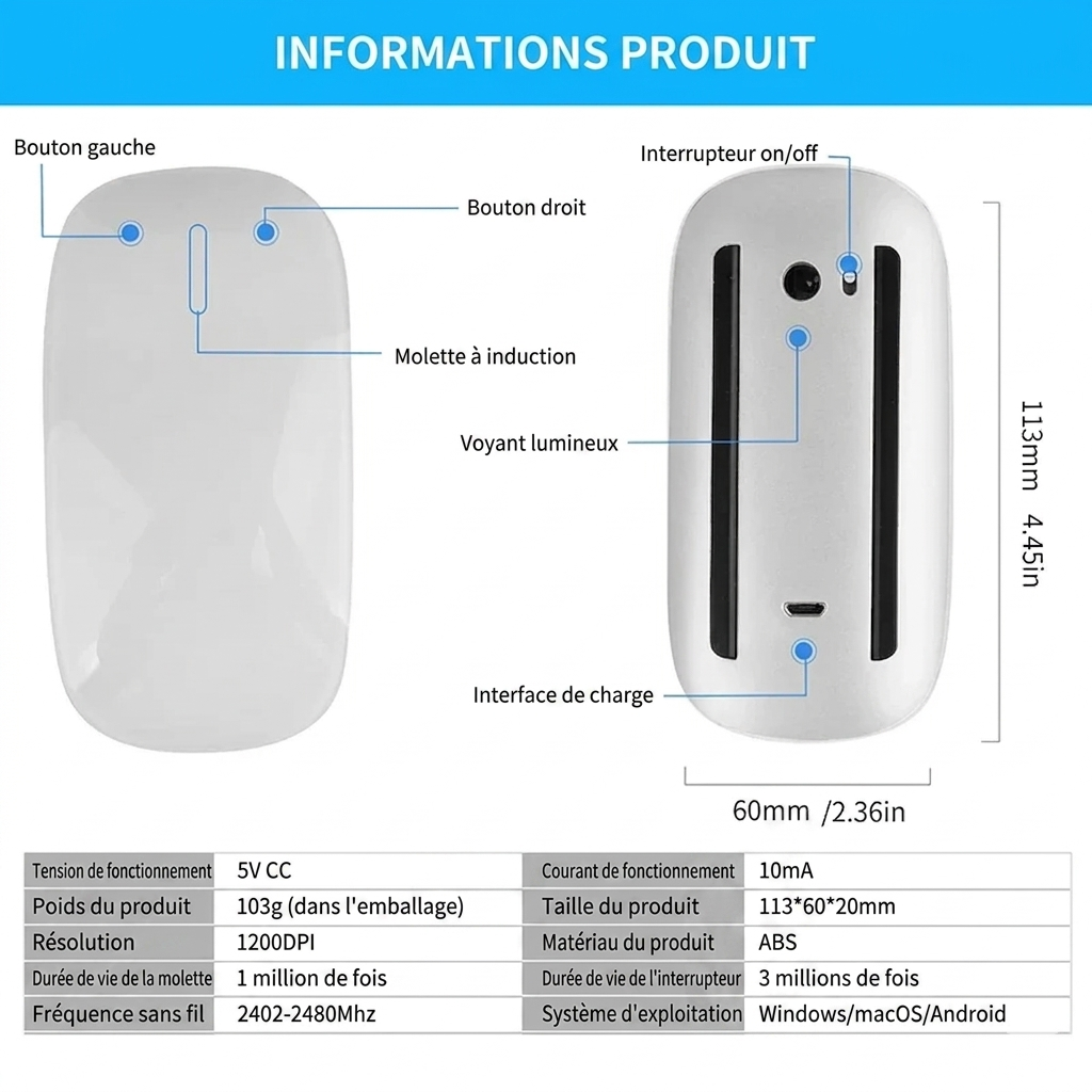 Magic Mouse Sans Fil – Design Tactile & Ergonomique