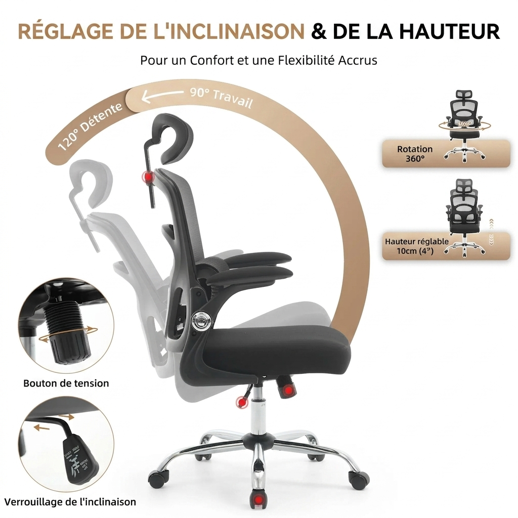 Chaise de Bureau Ergonomique – Support Lombaire & Appui-tête Réglables