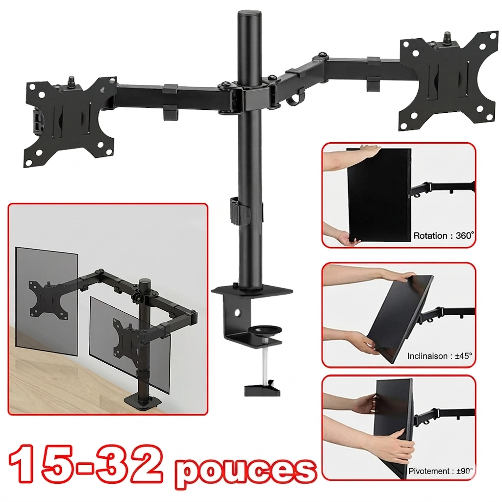 Support double écran mobile à fixation par pince, support d'ordinateur à rotation libre, support multi-usages pour écrans doubles.
