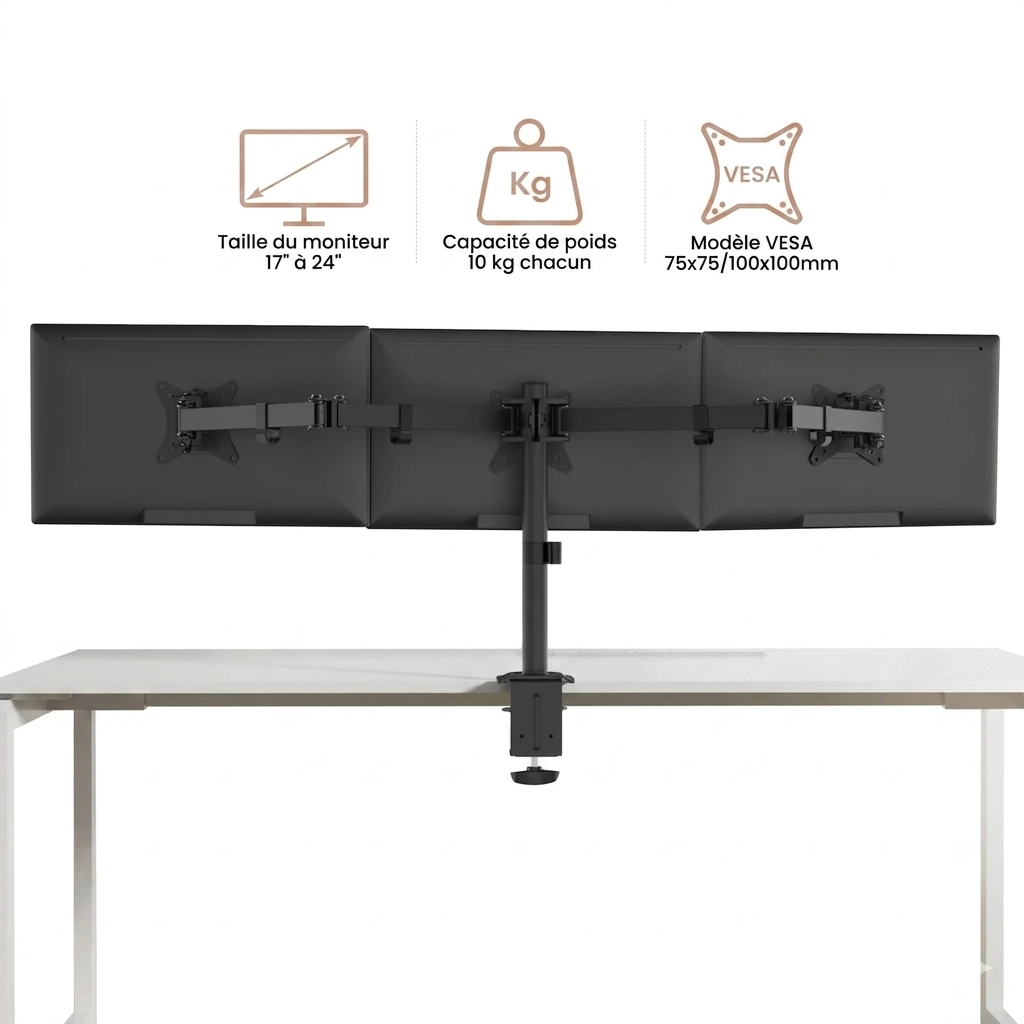 Support Triple Écran Articulé – Bras Robuste pour 13-27