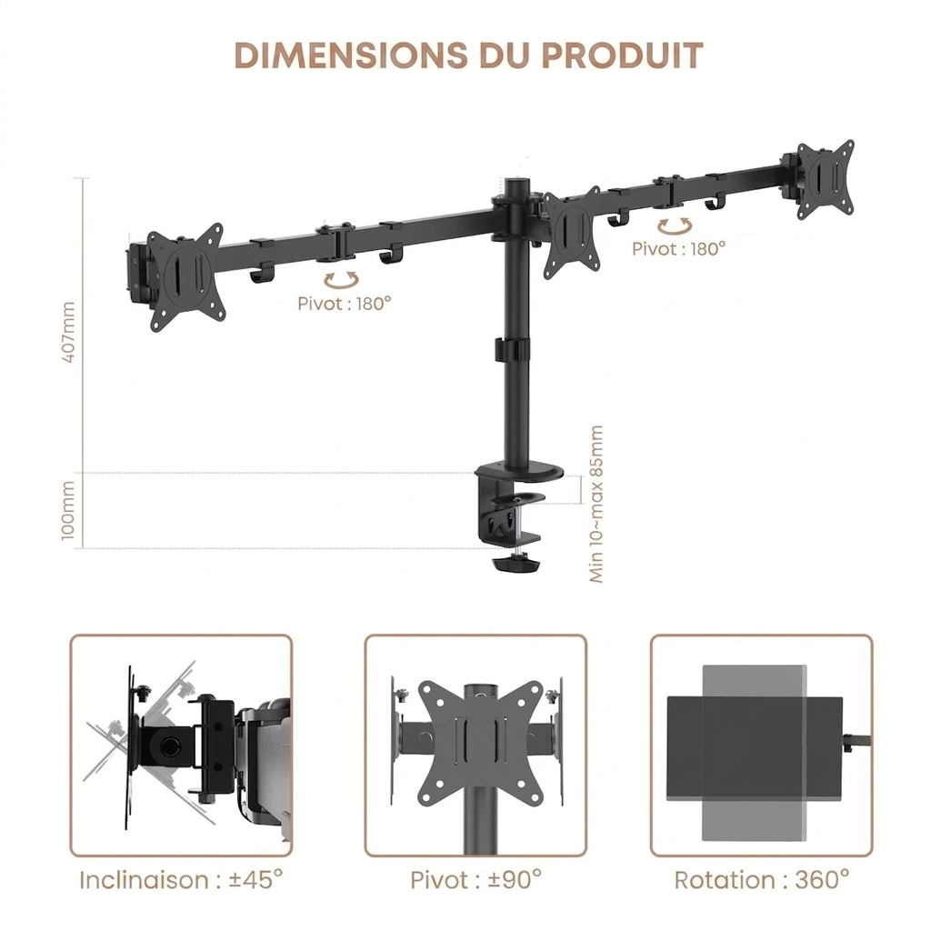 Support Triple Écran Articulé – Bras Robuste pour 13-27