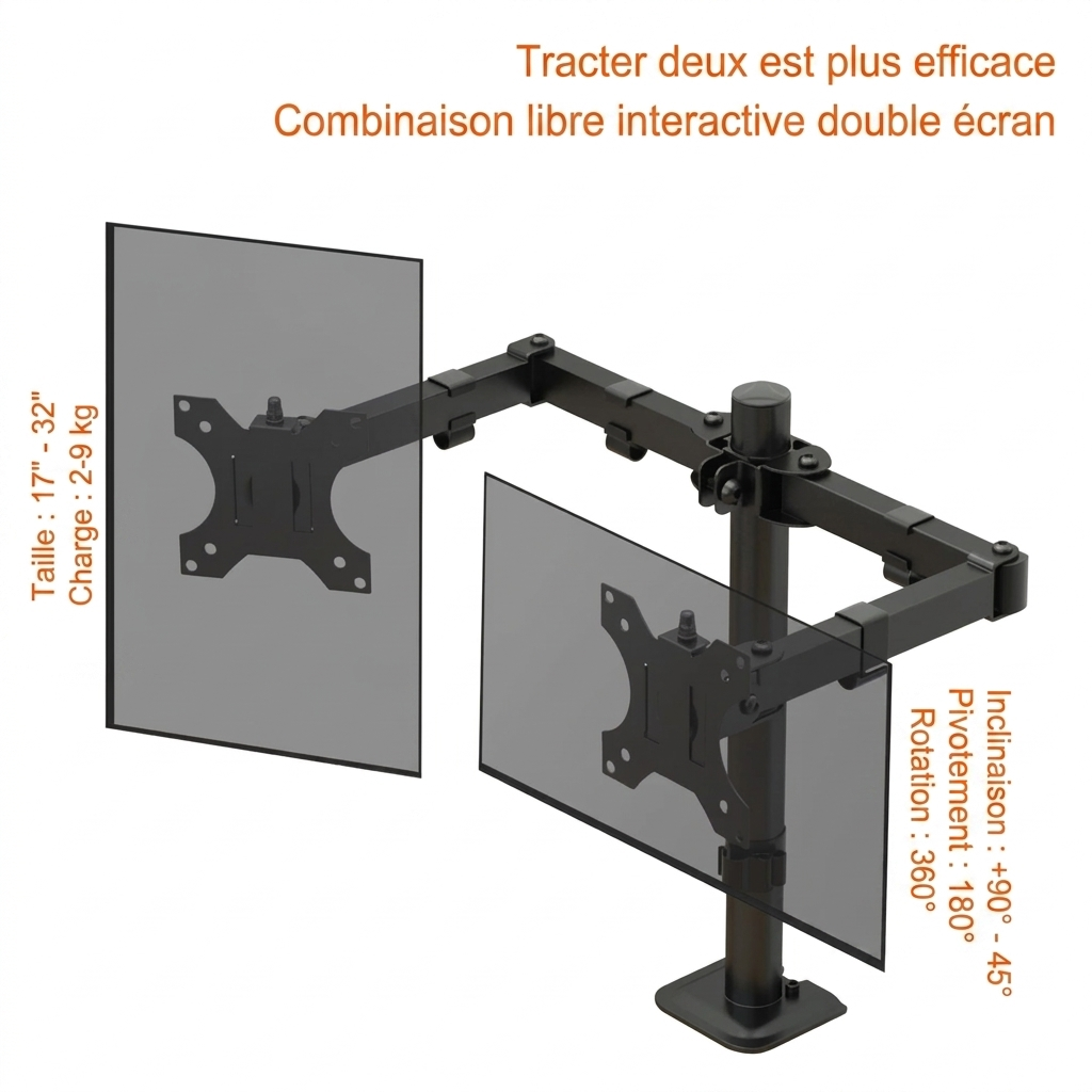 Support double écran mobile à fixation par pince, support d'ordinateur à rotation libre, support multi-usages pour écrans doubles.